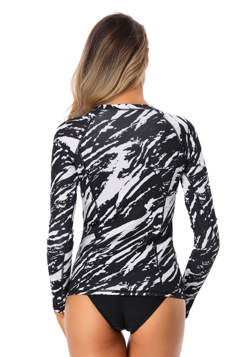AXESEA Women Long Sleeve Rash Guard UPF 50+ UV Sun Protection Zip Front Swimsuit Shirt Printed Surfing Shirt Top,Black,US 8 - Image 2